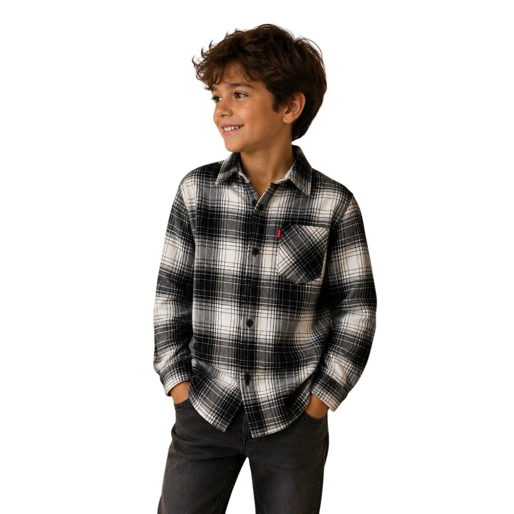 Levi’s Kids Black White Plaid Flannel Shirt Boys Girls Size S 8-10 Years